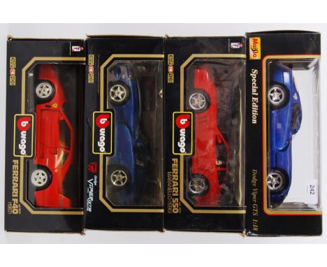 BURAGO: A collection of 4x Burago 1:18 scale diecast model cars - 2x Dodge Vipers, and 2x Ferraris. One being a Special Editi