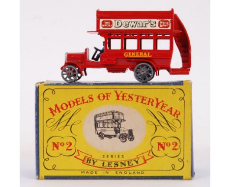 MATCHBOX LESNEY: An original vintage Matchbox Models Of Yesteryear Lesney No. 2 ' B Type Bus '. Red body, with Dewers Whisky 