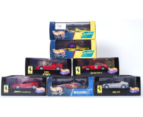 HOTWHEELS: A collection of 7x Hotwheels diecast model racing cars - 1:43 scale. Including 2x Jordan F1, 1x Williams F1 etc. A