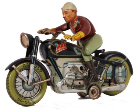 ARNOLD MAC 700 MOTORCYCLE: A fantastic antique vintage Arnold Mac 700 Tinplate model Motorcycle ( Made In US Zone, Germany). 