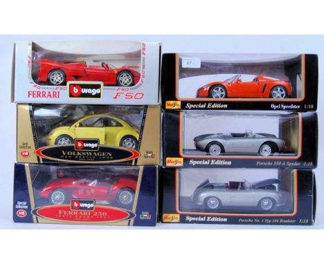 1:18 SCALE: A collection of 6x 1:18 scale boxed diecast model Burago and Maisto cars to include Porsche, Opel, Volkswagen etc