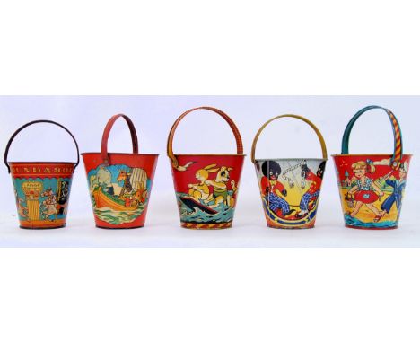 TINPLATE BUCKETS: A collection of 5x vintage 1930's - 1950's tinplate seaside beach metal children's buckets. Each with a bri