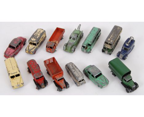 DINKY: A good collection of 13x vintage playworn Dinky diecast model cars and vehicles to include Daimler, Hillman Minx, Obse