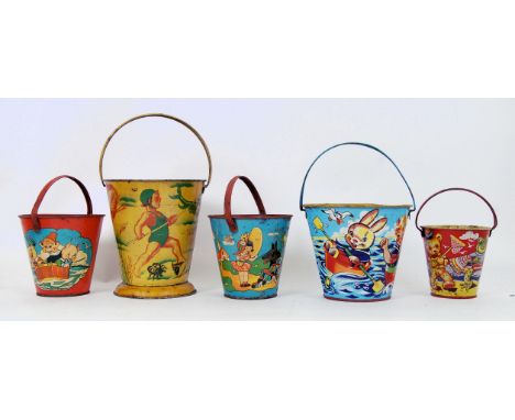 TINPLATE BUCKETS: A collection of 5x vintage 1930's - 1950's tinplate seaside beach metal children's buckets. Each with a bri