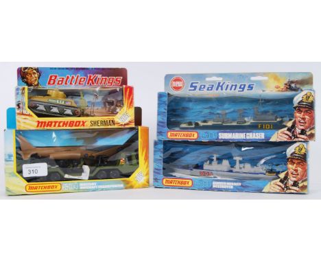 MATCHBOX: A collection of 4x Matchbox ' Kings ' series diecast model cars; K-101 Battle Kings, K-114 Battle Kings, K-305 Sea 