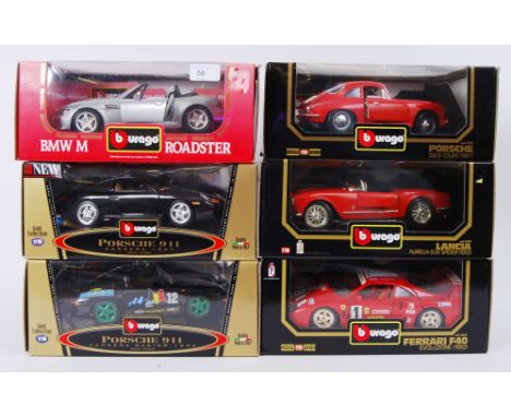 BURAGO: A collection of 6x 1:18 scale boxed diecast model Burago cars; Porsche Coupe, Lancia, 2x Porsche 911's, Ferrari, BMW 