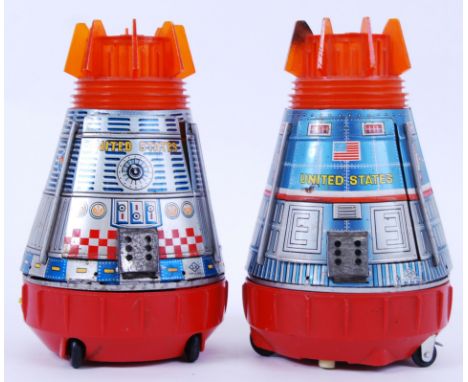 SPACE CAPSULES: Two vintage Made In Japan SH Toys tinplate battery operated ' United States Space Capsule ' toys. c1960's. Bo