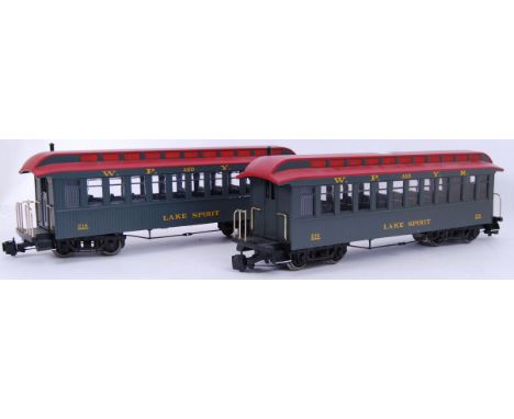 G SCALE: A pair of original G Scale railway trainset carriages ' WP & YR Lake Spirit '. Both unboxed, but both mint and littl