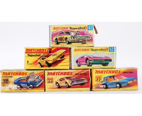 MATCHBOX SUPERFAST; A collection of 6x vintage Matchbox Superfast boxed diecast model cars, each within the original boxes to