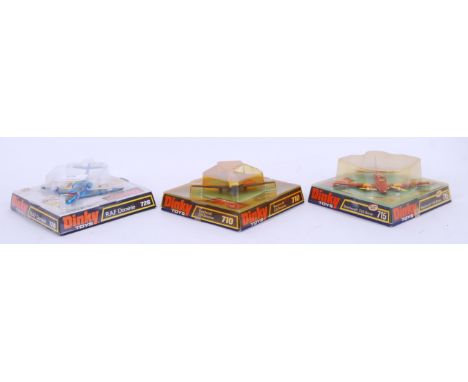 DINKY: A collection of 3x vintage Dinky diecast model aeroplanes to include 728 Dominie, 710 Beechcraft and 715 Baron. All wi