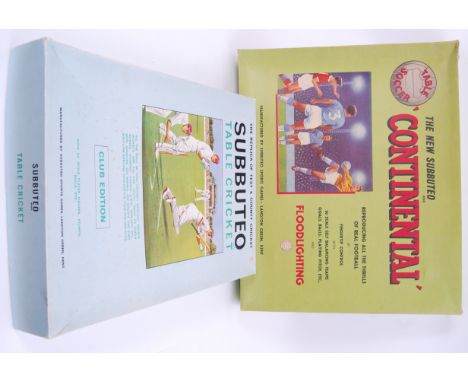 SUBBUTEO: Two vintage Subbuteo table top game sets to include Continental Floodlight Edition, and Table Cricket. Both with co