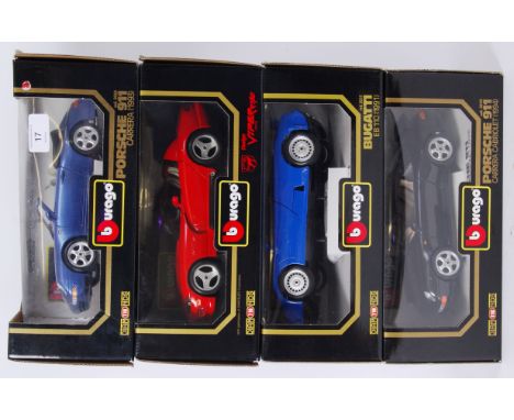 BURAGO: A collection of 4x 1:18 scale boxed diecast model Burago cars. Dodge Viper, 2x Porsche 911's, and 2x Bugatti. Each wi