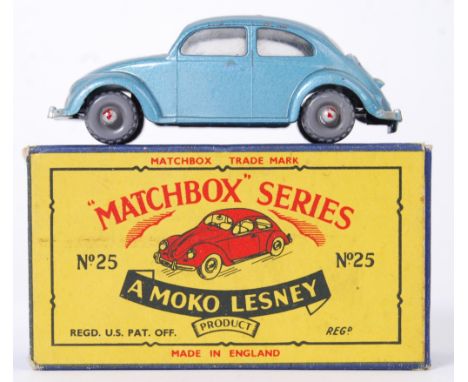 MATCHBOX MOKO LESNEY: An original vintage Matchbox Lesney Series diecast model No. 25 Volkswagen Beetle. Grey plastic wheels,