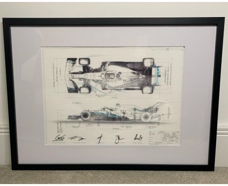 A rare specification drawing of the 2019 Mercedes F1 W10 EQ Power+ car printed on high quality grade textured paper.The print