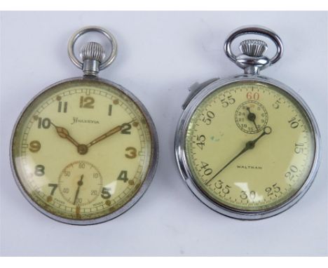 Watch by Helvetia with chromed brass case.Pocket watch bearing broad arrow 'G.S.T.P G26593' to case back, top wind, 53mm diam