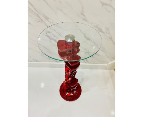 Delightfully quirky glass-topped side table.Removed from a damaged Ferrari 599 V12 engine and powder-coated Candy Red. Create
