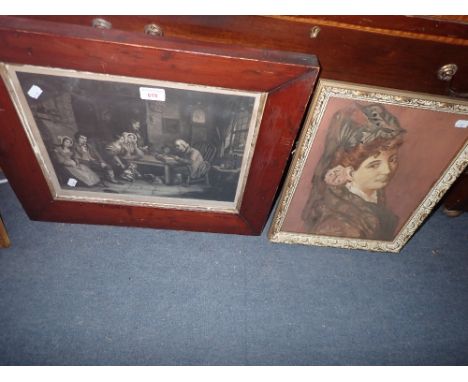 A 19TH CENTURY ENGRAVING 'THE COTTER'S SATURDAY NIGHT' in a simulated mahogany frame and a watercolour portrait of a woman