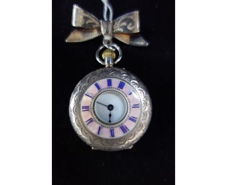 A LADIES SILVER HALF HUNTING CASED FOB WATCH, attached to a bow brooch