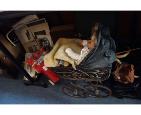 A DOLL'S PRAM, another similar, a Bagatelle board, vintage photographs, textiles and sundries