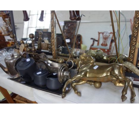 A SET OF BRASS FIRE TOOLS and matching rests, other metalware, ceramics, small furniture and mirrors (as lotted)