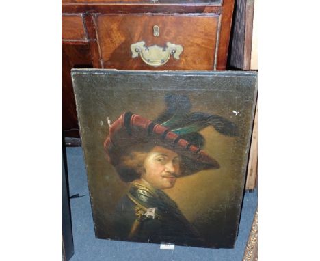 AN OIL ON CANVAS PORTRAIT OF A 17TH CENTURY GENTLEMAN (holed, unframed)