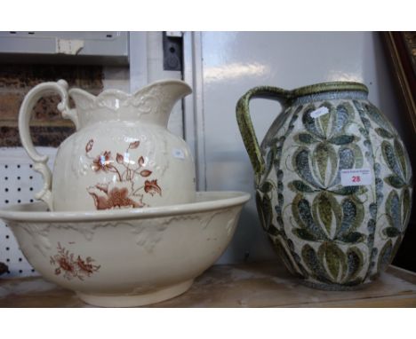 A 1960'S DENBY JUG with stylised design and a Victorian jug and basin