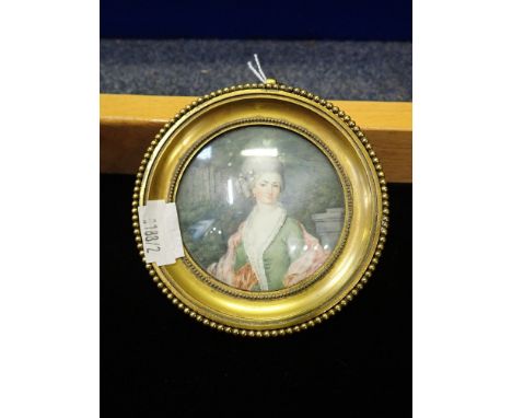 ENGLISH SCHOOL, PORTRAIT MINIATURE OF ELIZABETH HAMILTON depicted in a garden setting, wearing a green dress and peach-colour
