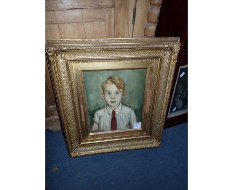 E PROBY ADAMS: A portrait of a boy wearing a red tie, oil on canvas, signed and dated '1942' in a gilt frame