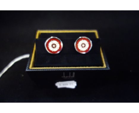 ALFRED DUNHILL: A PAIR OF SILVER AND ENAMEL CUFFLINKS, decorated with a Tudor Rose, in fitted presentation case with warranty