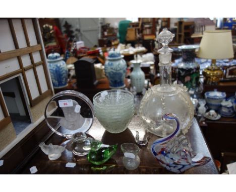 A DUTCH DECANTER with trailed and engraved decoration (examine), a Winston Churchill commemorative plaque and other glassware