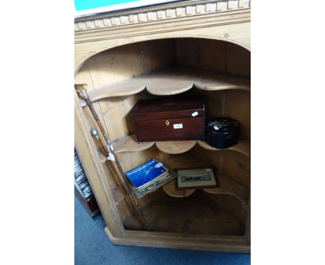 A 19TH CENTURY TEA CADDY, a Stevenograph, swagger stick and other items