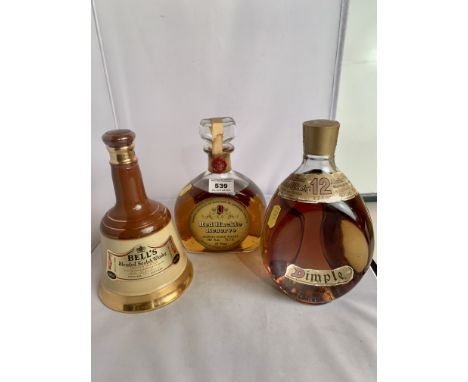 Bottle of Dimple De Luxe Scotch Whisky, 12 years old, bottle of Red Hackle Reserve Scotch Whisky and bottle of Bells Blended 