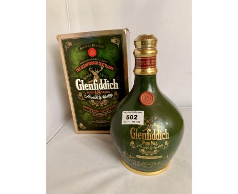 Boxed and sealed Glenfiddich Scotch Whisky, aged 18 years in ceramic decanter
