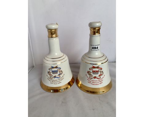 2 Sealed Bells Scotch Whisky decanters commemorating  the Births of Prince William of Wales, 1982 and Prince Henry of Wales, 