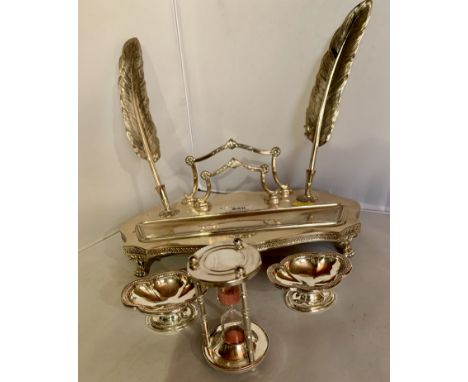 Silver plated inkwell stand with 2 plated feather pens, 2 small plated salts and plated egg timer