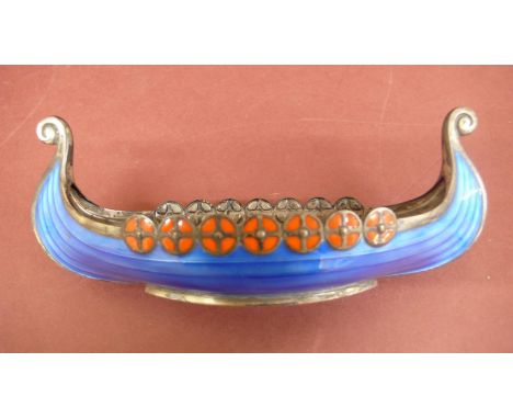 A .925 continental silver and enamel model of a Viking long ship - length 15 cms/ 6 ins - marked to base 