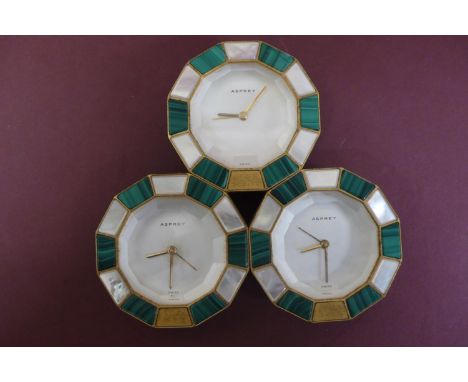 Asprey Quartz triple twelve sided mantel clock with malachite and mother of pearl borders - ht. 6 ins 