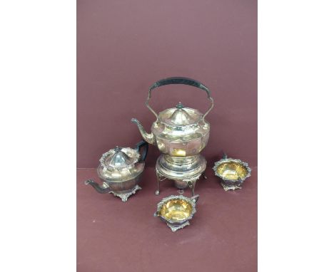 An Edwardian silver tea service consisting of Spirit Kettle teapot, milk jug and sugar basin (spirit burner EPNS) - Sheffield