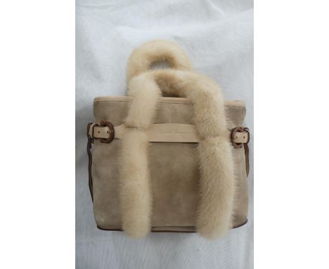 Salvatore Ferraganno, Florence Italy, light brown suede leather handbag with pale brown straps and belts, blonde mink handles