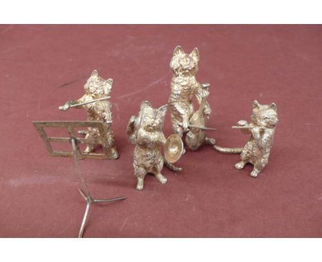 Four hallmarked cast silver cats playing instruments - Birmingham 1976 - 9.5 ozt - ht. 2.5 ins 