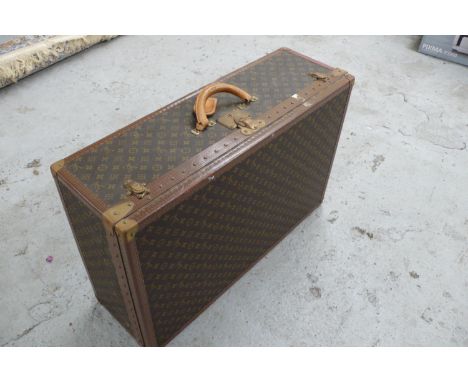 Louis Vuitton trunk/case with brass locks removable shelf inside, leather luggage tag - L 32 X 10.5 X 21 ins NO KEY AND LOCKE