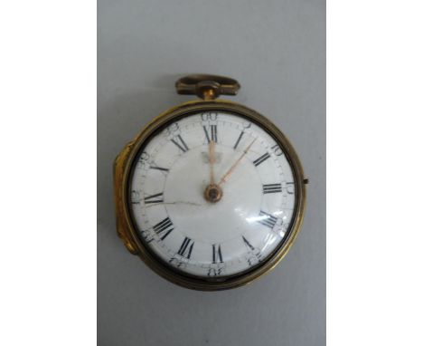 18thC pair cased gold plated verge pocket watch with white enamel dial Arabic and Roman numerals, the movement signed Geo. Go