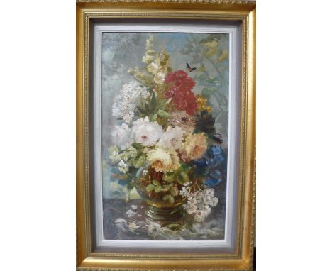 Franz Hoepfner, still life vases of flowers, oils on canvas (pair), signed one dated 1889, 20 X 12ins 