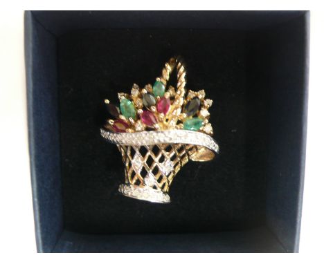 14ct gold ruby, emerald, sapphire and diamond basket of flowers open worj brooch - weight 6grms