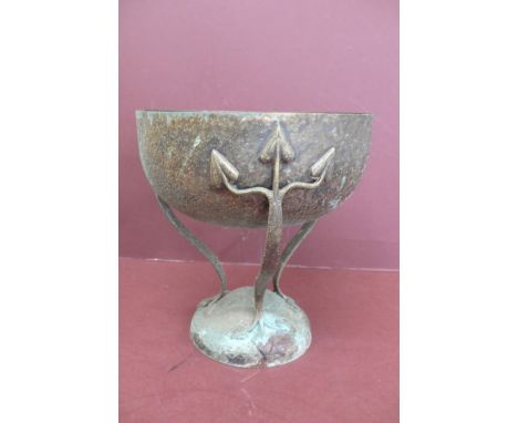 Art Nouveau hammered metal tazza on curved legs with leaf decoration to top and bottom on raised circular foot - ht. 8 ins 