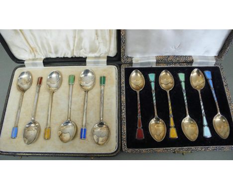 Two cased silver gilt and enamel sets of six coffee spoons - Birmingham 1933 &amp; 1954 