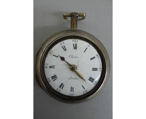 18thC silver pair cased verge pocket watch with white enamel dial marked Chater London and movement signed J. Phillipson 1328