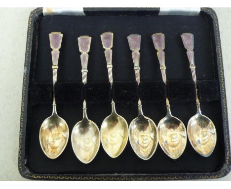 Cased set of six silver gilt and mauve enamel coffee spoons - Birmingham 1948 Maker Turner and Simpson Ltd 