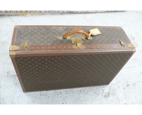 Louis Vuitton trunk/case with brass locks removable shelf inside, leather luggage lag - NO KEY - L 32ins X 10.5ins X 21ins 