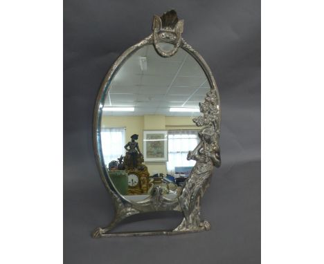 WMF Art Deco silver plated oval dressing table mirror with decoration of garland, roses, woman playing flutes and acanthus.  